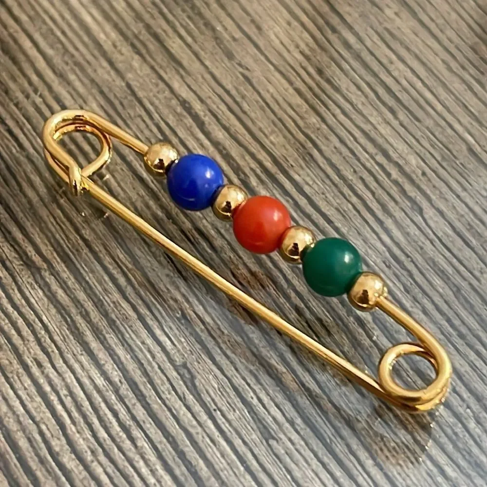 Vintage Avon Classic Beaded Pin Gold-tone Metal Safety Pin - Brooch